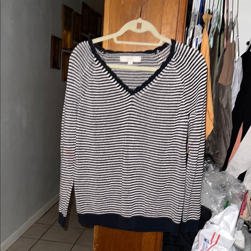 LOFT Black and White V-Neck Sweater with Stripes